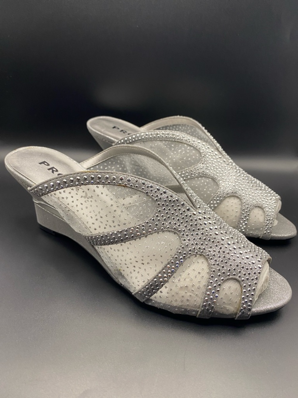 Proxy Silver Sparkle Fabric Peep Toe Wedges